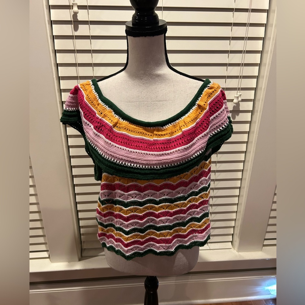 Runway 7 Colorblock Crochet Knit Top — Green, Pink, Mustard